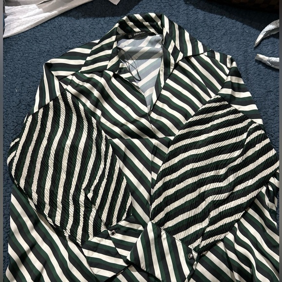 Zara Basics Blouse/dress. Vertical stripes color green navy blue/black and Beige - Picture 2 of 8